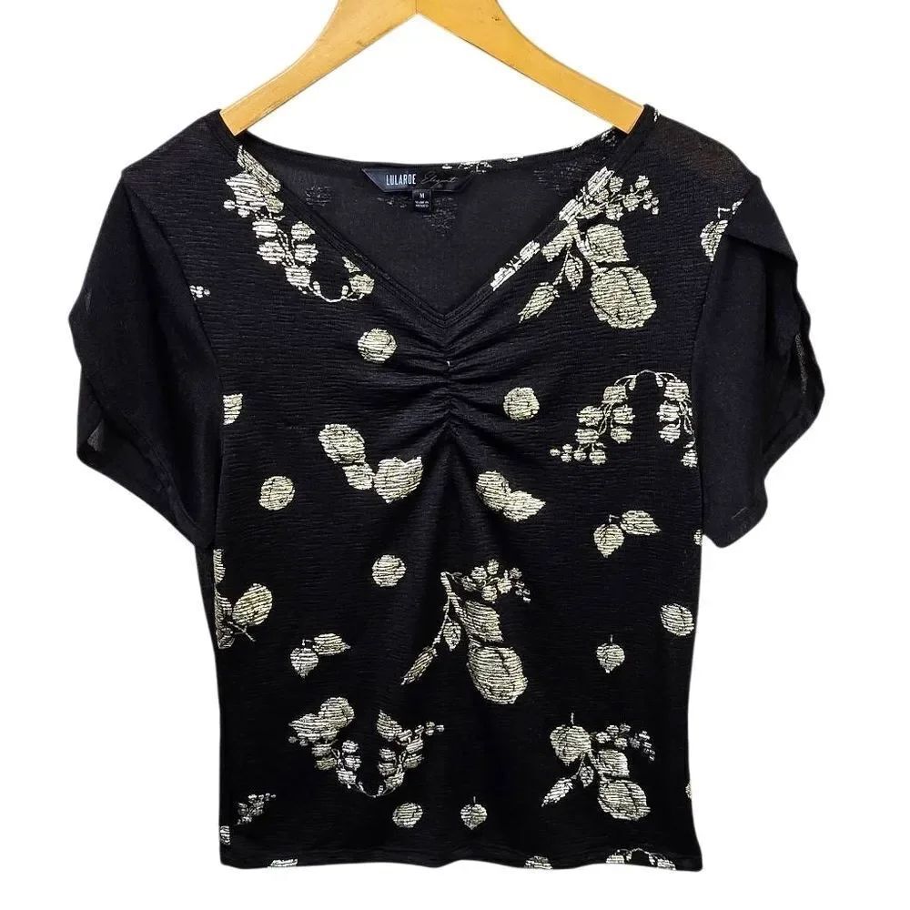 LuLaRoe Black Top with Cream Floral Accents Size Medium